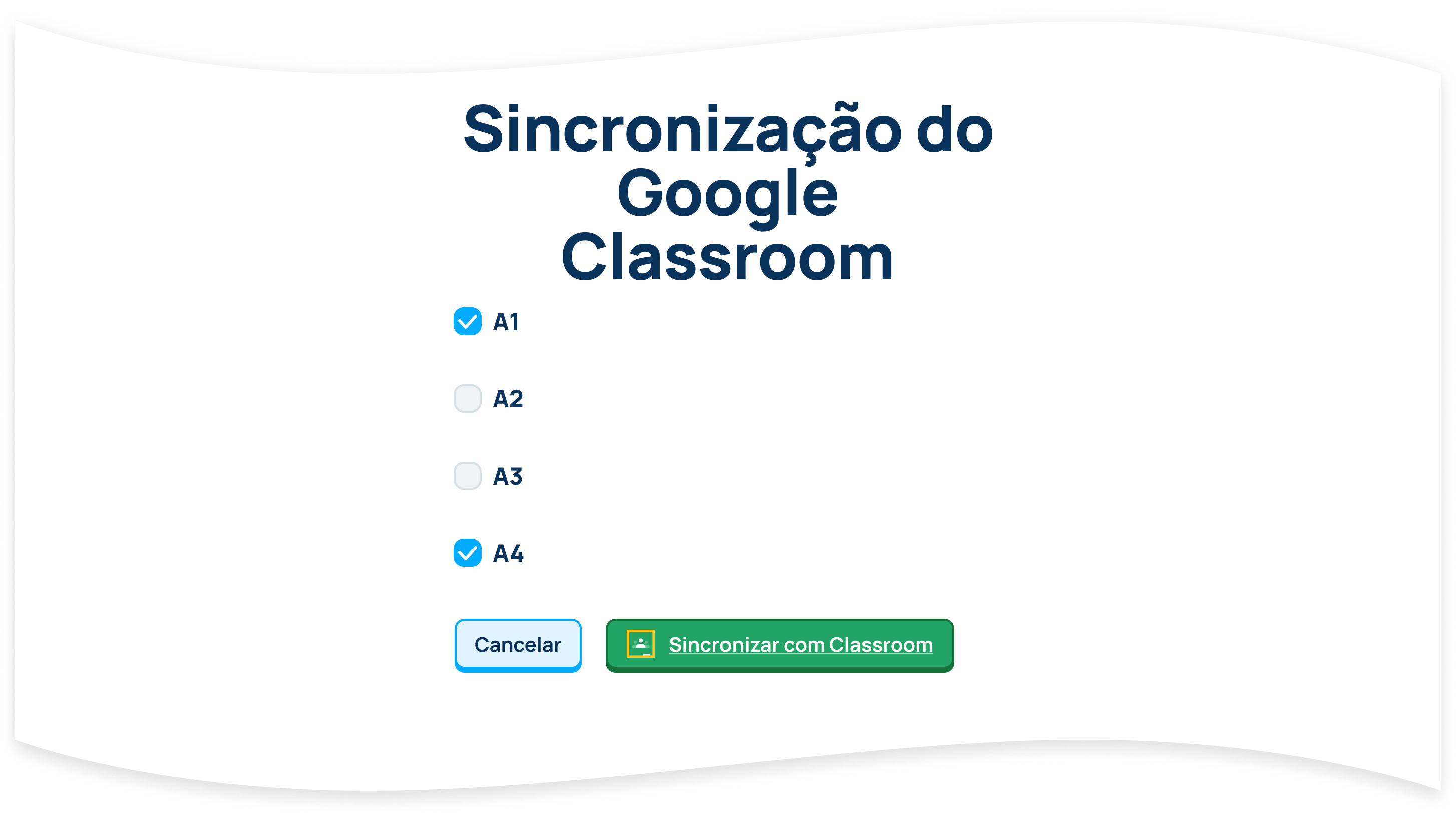 Selecione as turmas que deseja adicionar ao Ratatype e clique no botão Sync to Classroom. Você pode escolher qualquer número de classes.