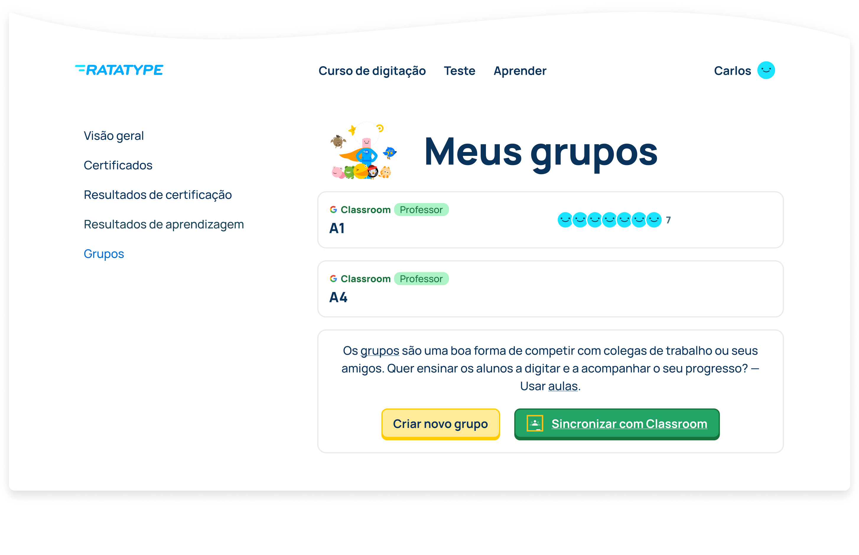 Agora, as aulas de sua conta do Google Classroom com todos os alunos estão no Ratatype! Você pode começar a ensinar digitação.