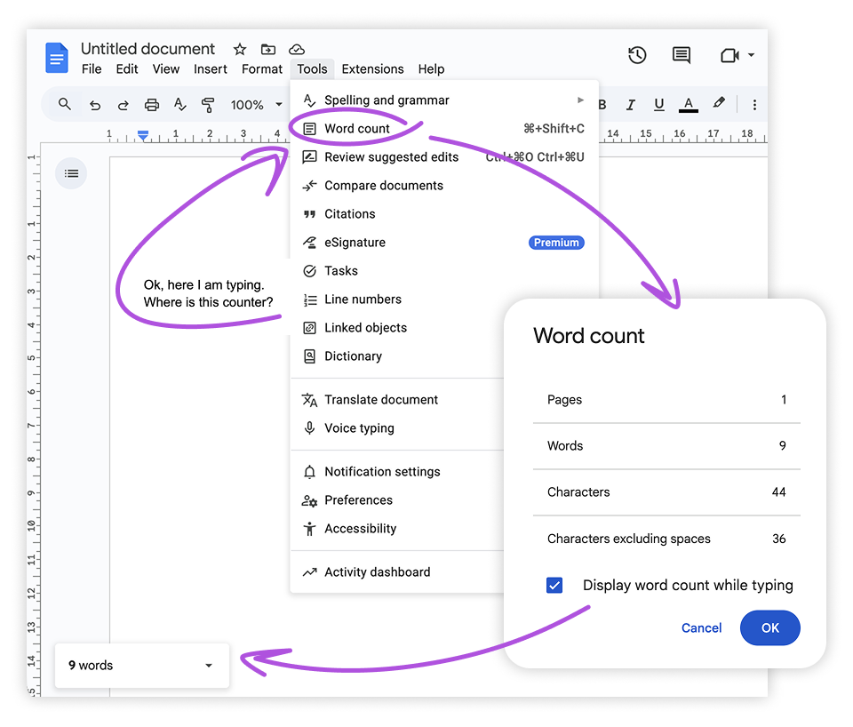 Google Docs contador de palavras